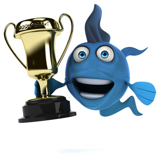 Foto pesce illustrato divertente che tiene un trofeo