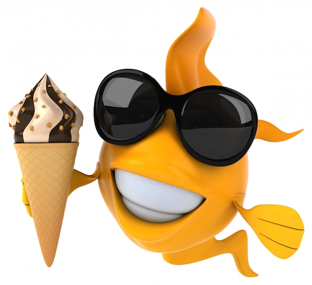 アイスクリームを保持している面白いイラストの金魚
