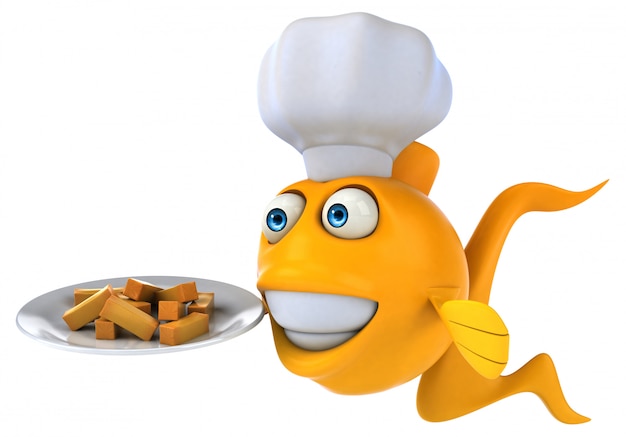 funny illustrated goldfish holding a plate of french fries