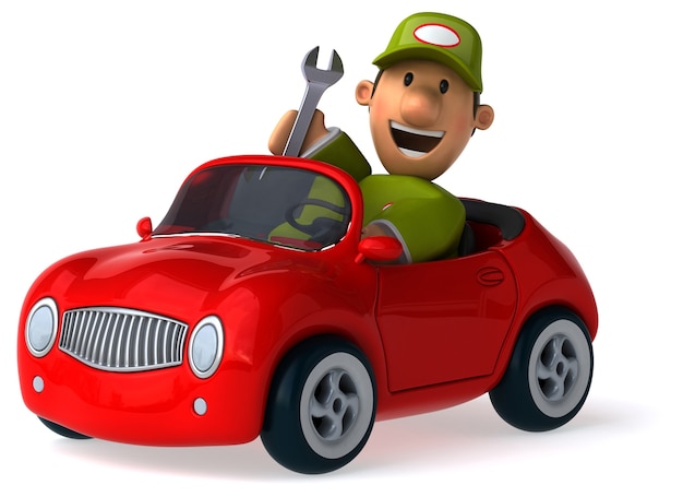 funny illustrated mechanic and a car 3d rendered