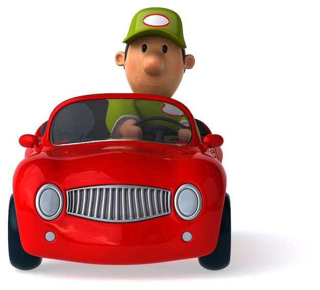 funny illustrated mechanic and a car 3d rendered