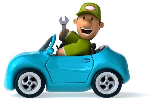 funny illustrated mechanic and a car 3d rendered