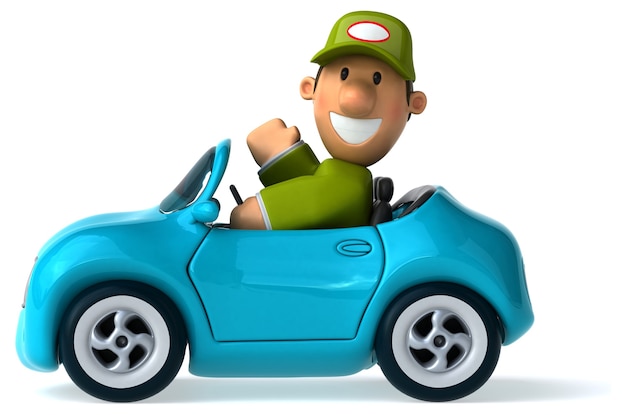 funny illustrated mechanic and a car 3d rendered