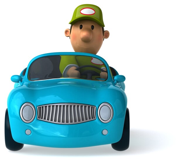 funny illustrated mechanic and a car 3d rendered