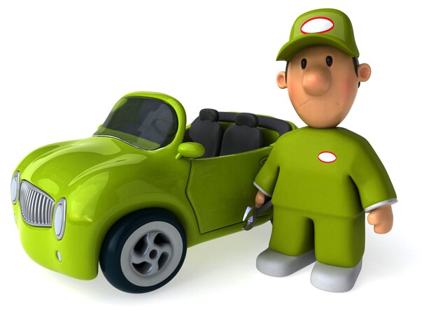 funny illustrated mechanic and a car 3d rendered