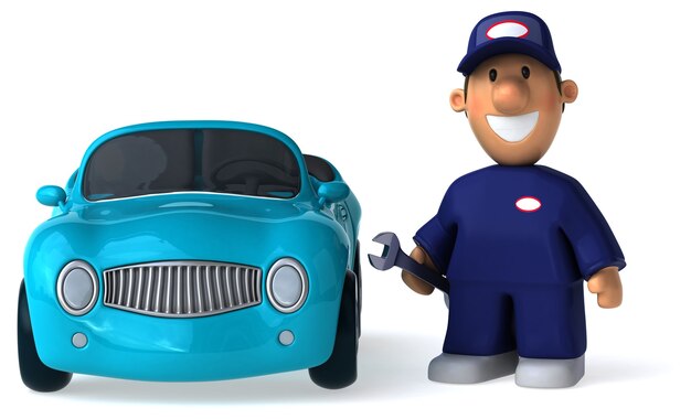 Funny illustrated mechanic man and a car