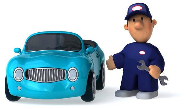 Funny illustrated mechanic man and a car