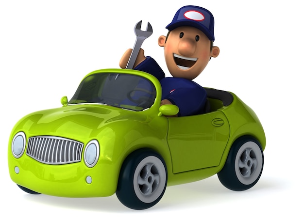 Photo funny illustrated mechanic man and a car