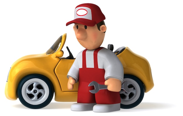 Funny illustrated mechanic man and a car