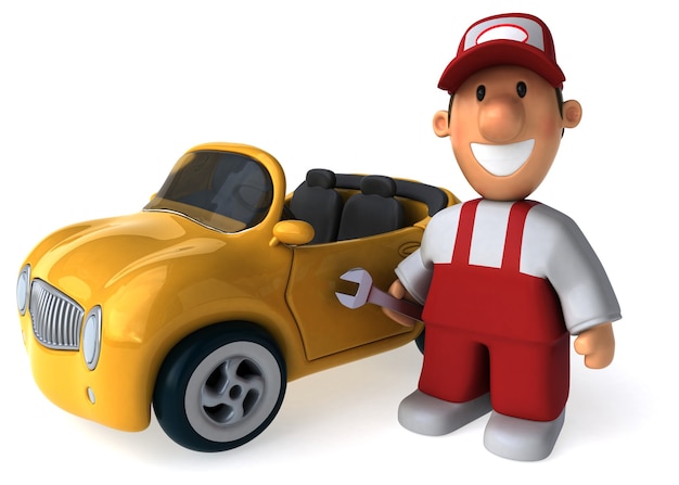 Funny illustrated mechanic man and a car