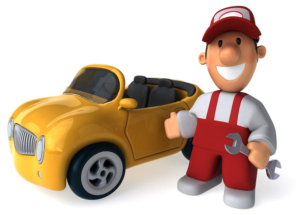 Funny illustrated mechanic man and a car