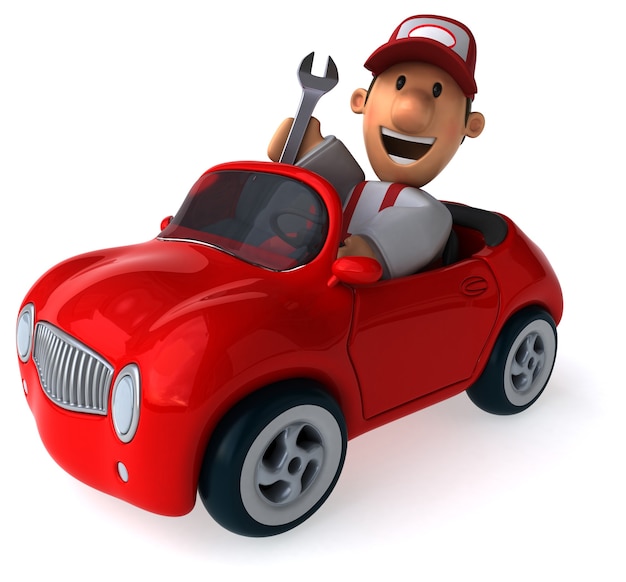 Funny illustrated mechanic man and a car