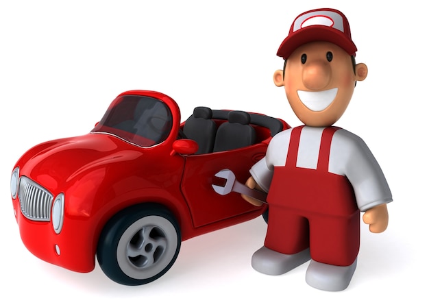 Funny illustrated mechanic man and a car