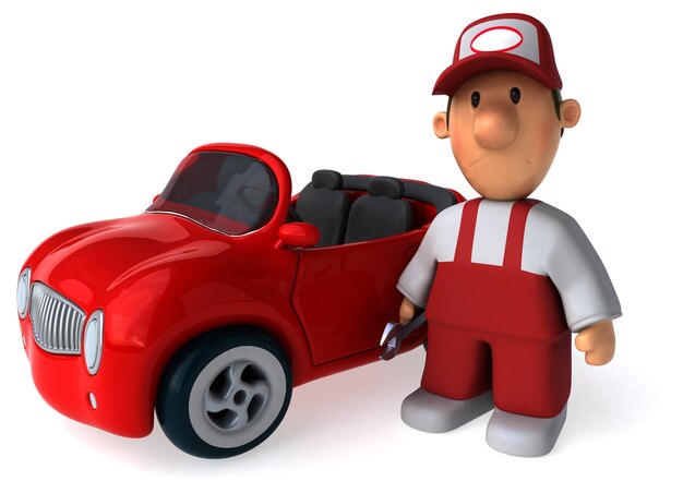 Funny illustrated mechanic man and a car