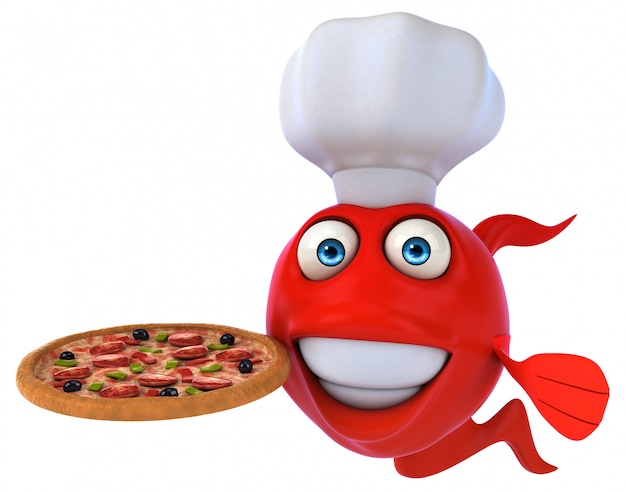 funny illustrated red fish holding a pizza