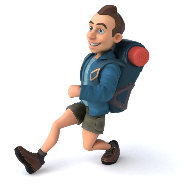 Funny illustration of a 3D cartoon backpacker