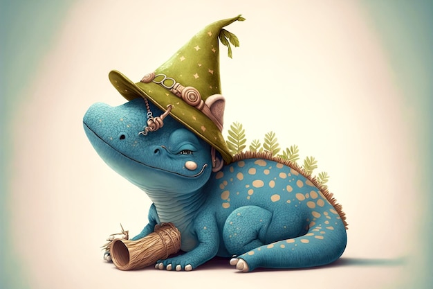 Забавная иллюстрация милый сонный динозавр в шляпе