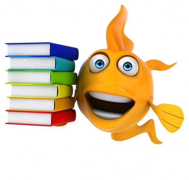 Funny ilustrated goldfish holding a stack of books