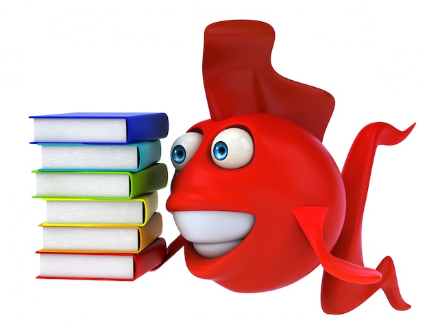 Photo funny ilustrated red fish holding a stack of books