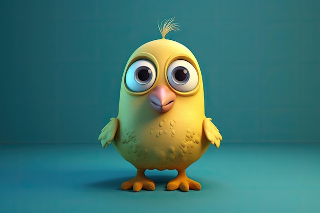 Funny image of a 3D cartoon bird in blue and yellow colors with a blue background Generative AI