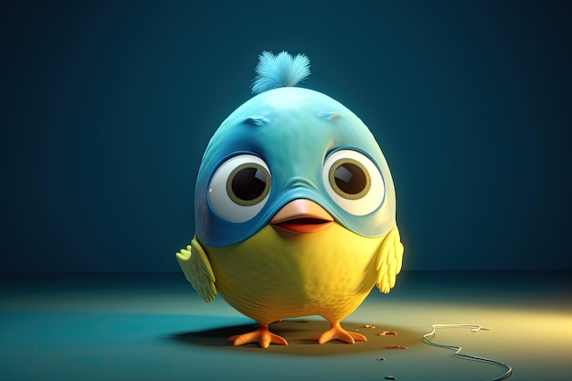 Funny image of a 3D cartoon bird in blue and yellow colors with a blue background Generative AI