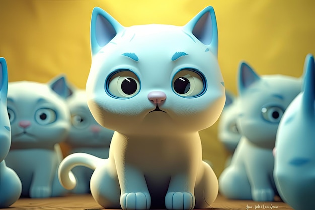 Funny image of a 3D cartoon cat in blue and yellow colors with a blue background Generative AI