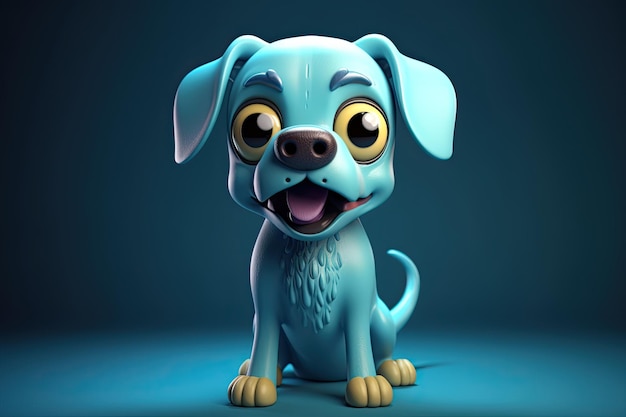 파란색 배경의 파란색과 노란색 색상의 3D 만화 강아지의 재미있는 이미지 Generative AI