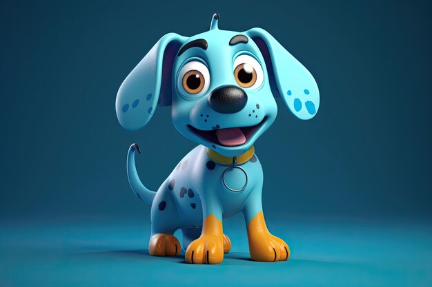 Funny image of a 3D cartoon dog in blue and yellow colors with a blue background Generative AI