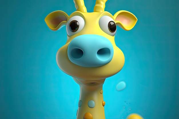 Foto immagine divertente di una giraffa cartone animato 3d nei colori blu e giallo con sfondo blu ia generativa