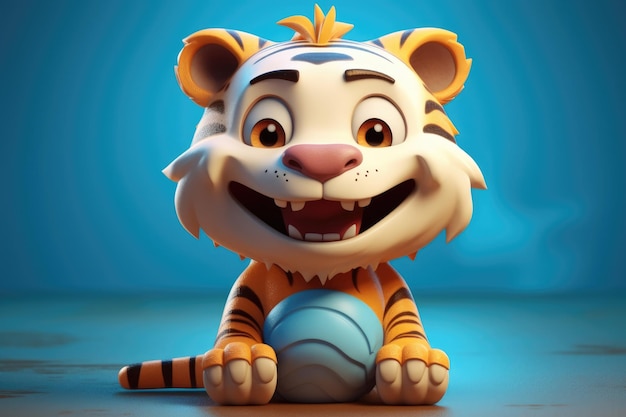 Funny image of a 3D cartoon tiger in blue and yellow colors with a blue background Generative AI