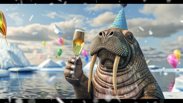 Photo a funny image of a walrus wearing a party hat and holding a glass of champagne the background is a snowy landscape with icebergs and balloons