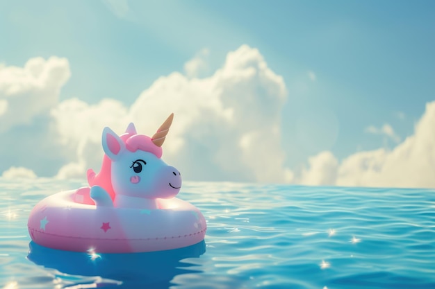 Funny inflatable unicorn ring floating in pool on sunny day