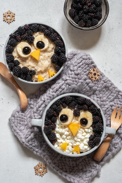 Funny kids breakfast porridge penguin with fresh berries