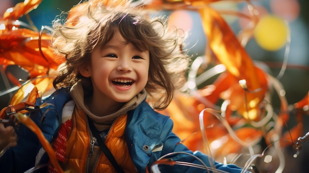 Photo funny kids in carnival costumes indoors cheerful children play with pumpkins and candy