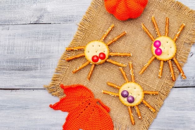 Funny kids food. Edible spiders, Halloween concept