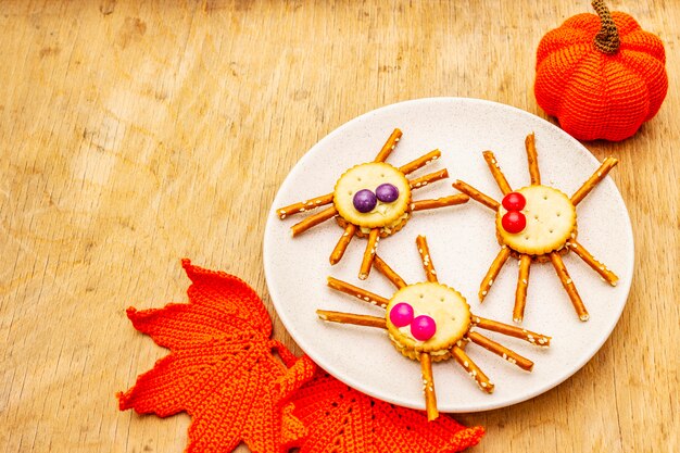 Funny kids food. Edible spiders, Halloween concept