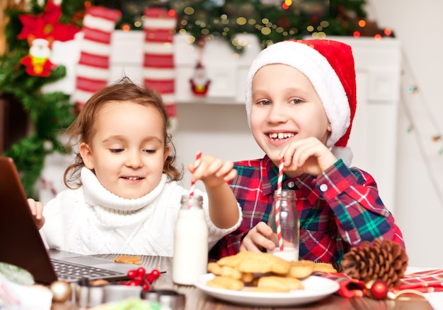재미있는 아이 소녀와 마쉬 멜 로우와 코코아를 마시는 산타 모자에 소년.