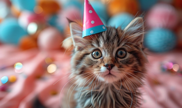 Photo a funny kitten among confetti in studio on pink background