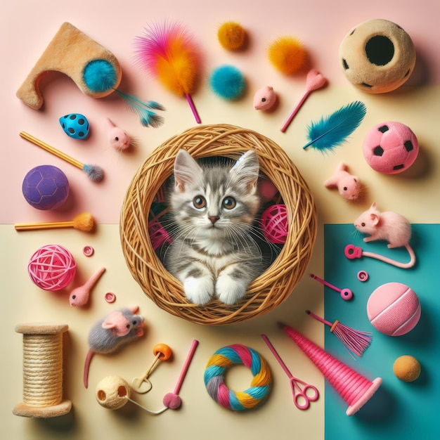 Funny kitten surrounded by cat toys