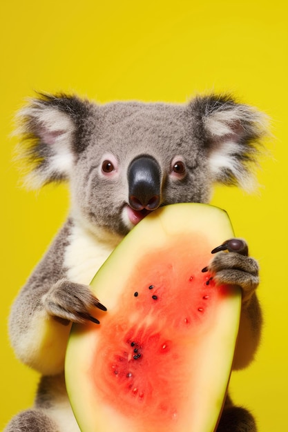 Funny koala holding a slice of watermelon