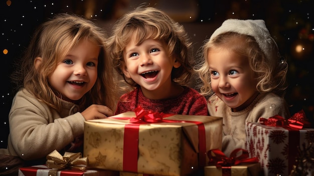 Photo funny laughing little sister girls are happy with christmas gifts