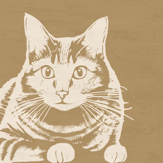 Funny Line Art Painted Animal Square Illustration of a Cat Cute Kitty Portrait