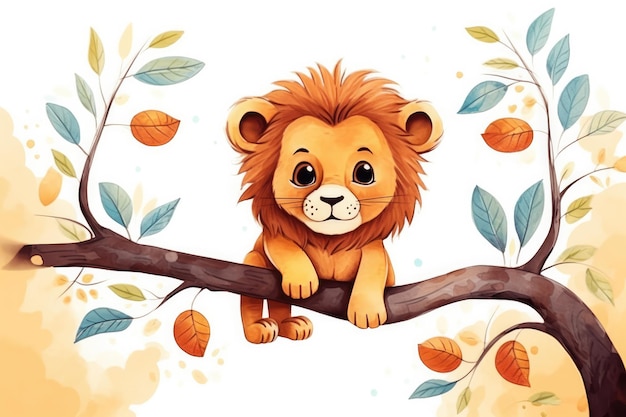 Funny lion in wild nature Drawn cartoon animal illustration Generative ai