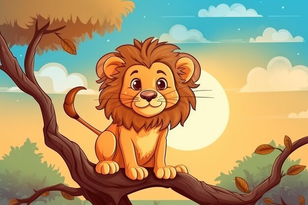 Photo funny lion in wild nature drawn cartoon animal illustration generative ai