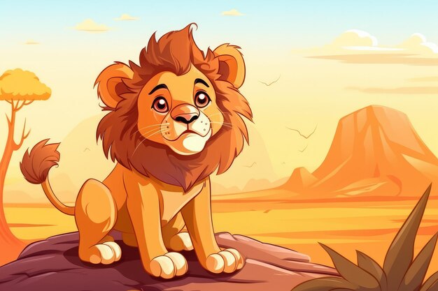 Photo funny lion in wild nature drawn cartoon animal illustration generative ai