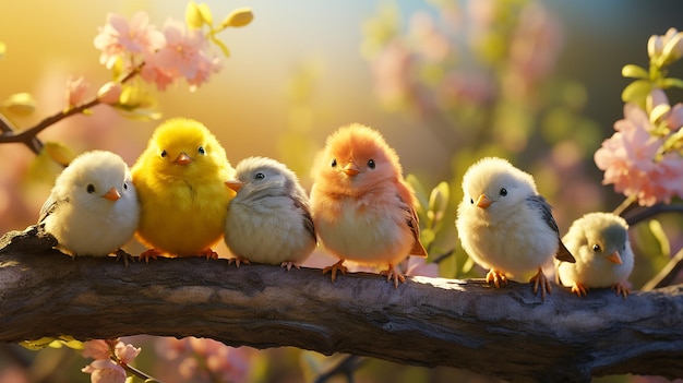 funny little birds sit on a branch in a spring Sunny Park and chirp