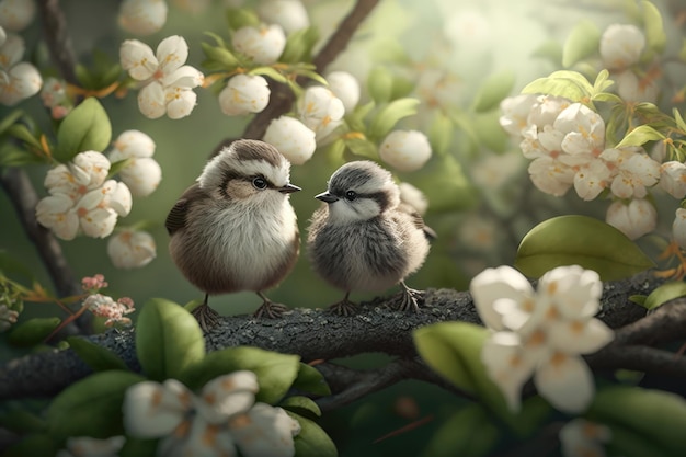 Funny little birds sit among the branches AI generation