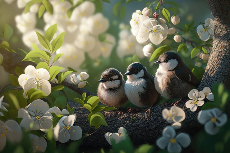 Funny little birds sit among the branches AI generation