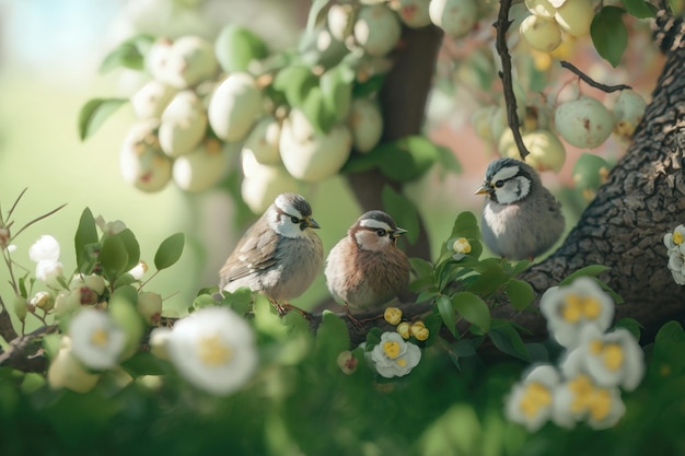 Funny little birds sit among the branches AI generation