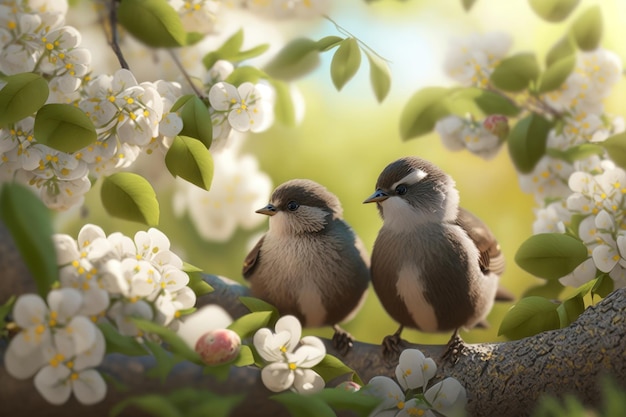 Funny little birds sit among the branches AI generation